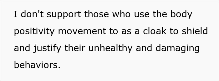Text on white background stating a woman fed up with coworker preaching body positivity while skinny-shaming.