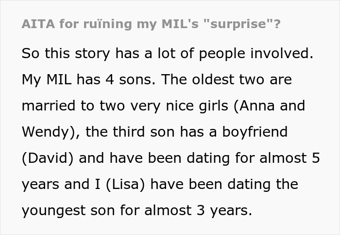 Text excerpt discussing women ruining MIL’s surprise by pretending not to know she was coming. Text excerpt discussing women ruining MIL’s surprise by pretending not to know she was coming.