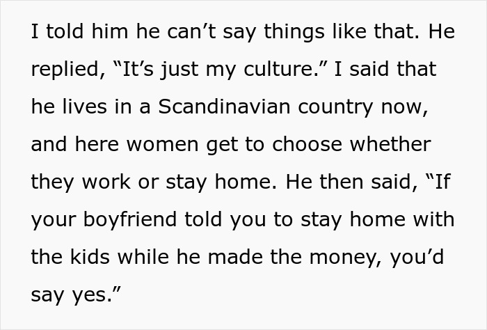 Text excerpt showing a coworker telling a woman to stay home and birth babies, causing conflict about reporting him. Text excerpt showing a coworker telling a woman to stay home and birth babies, causing conflict about reporting him.