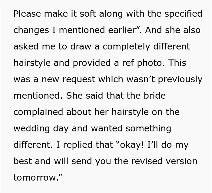 Image showing text about a bride&rsquo;s hairstyle change request in a wedding illustration from a mother-in-law&rsquo;s plan.