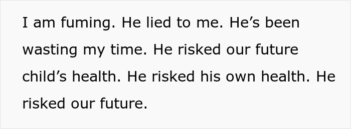 Alt text: Woman expresses anger after exposing husband’s lie risking their future child’s health and family’s wellbeing. Alt text: Woman expresses anger after exposing husband’s lie risking their future child’s health and family’s wellbeing.