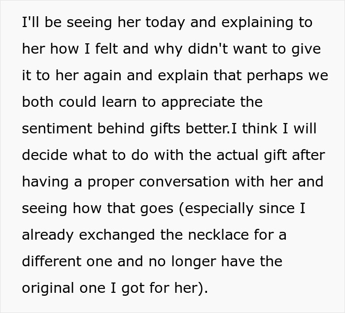 Text discussing a 13-year-old explaining feelings about dad's girlfriend and reflecting on accepting her gift and behavior.