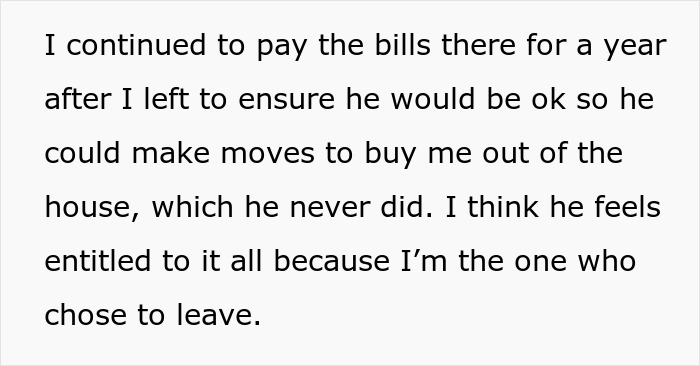Text excerpt about a woman regretting her divorce and handling bills while seeking a buyout from her ex.