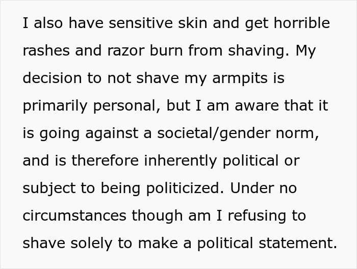 Text discussing sensitive skin, personal choice to not shave armpits, and its societal and political implications.
