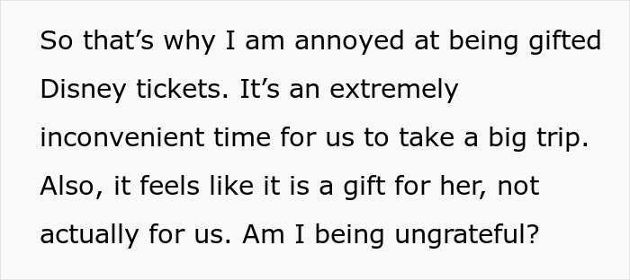 Text expressing frustration about being gifted Disney tickets, revealing family tension and feelings of debt and guilt. Text expressing frustration about being gifted Disney tickets, revealing family tension and feelings of debt and guilt.