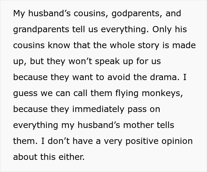 Text discussing family drama with husband’s relatives acting as flying monkeys amid MIL and DIL conflict over premature birth. Text discussing family drama with husband’s relatives acting as flying monkeys amid MIL and DIL conflict over premature birth.