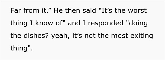 Text excerpt from a conversation where a coworker says birth babies and staying home instead of chores. Text excerpt from a conversation where a coworker says birth babies and staying home instead of chores.