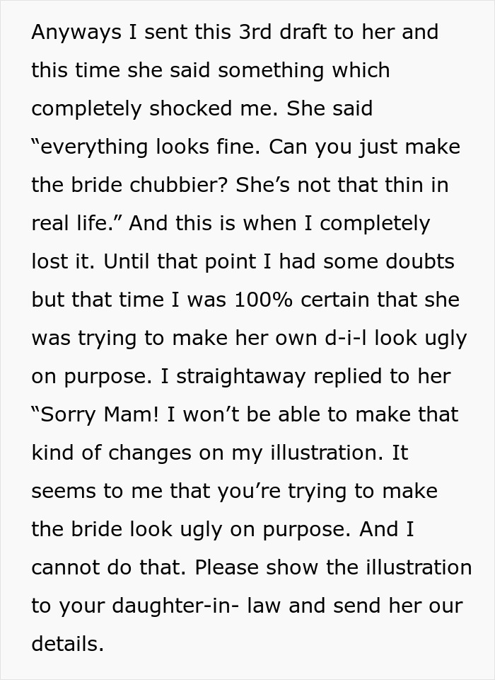 Text excerpt describing MIL&rsquo;s plan to make bride look ugly in wedding illustration and artist refusing to comply.
