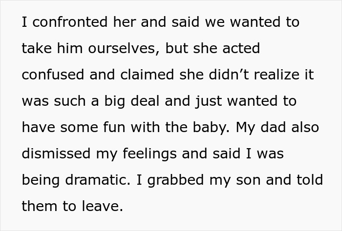 Text excerpt showing a confrontation involving a step-grandma sneaking baby to Santa and losing babysitting privileges.