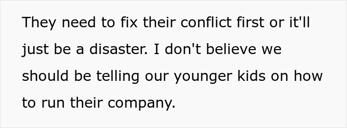 Text discussing the need to resolve conflict before younger kids learn how to run a company involving craft skills. Text discussing the need to resolve conflict before younger kids learn how to run a company involving craft skills.