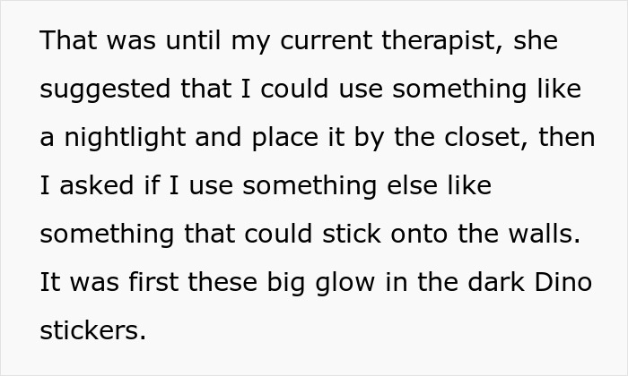 Text excerpt discussing therapist advice on using nightlights and glow-in-the-dark stickers near a closet door.