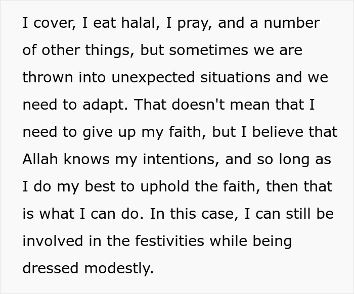 Text about a Muslim daughter-in-law discussing faith, modesty, and adapting without giving up religious beliefs at a family event.