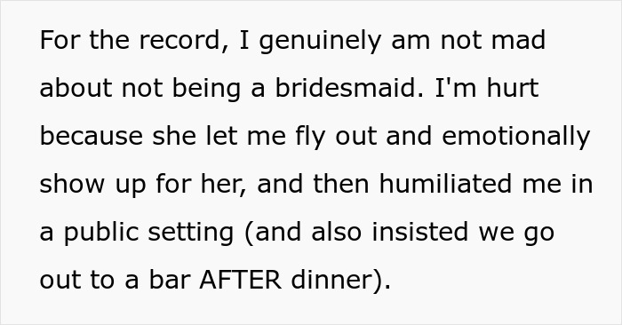 Text excerpt expressing hurt feelings during a wedding dress shopping trip and painful friendship wake-up call. Text excerpt expressing hurt feelings during a wedding dress shopping trip and painful friendship wake-up call.