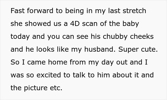 Pregnant woman sharing excitement about 4D baby scan, husband not standing up to mother, wife considering walking away.