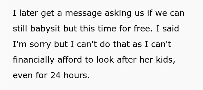 Text message about refusing to babysit four kids for free due to financial constraints and family expectations.