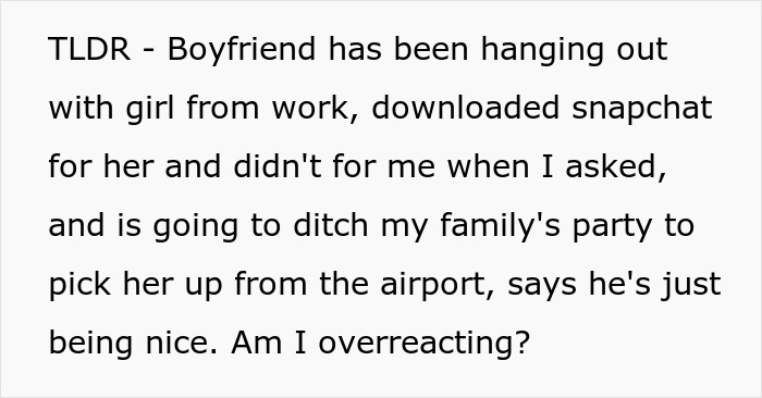 Text post describing a man losing his girlfriend over a girl at work he has a crush on who is just being nice to him.