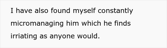 Text excerpt about micromanaging an unemployed husband who struggles to pay bills, expressing frustration and irritation.