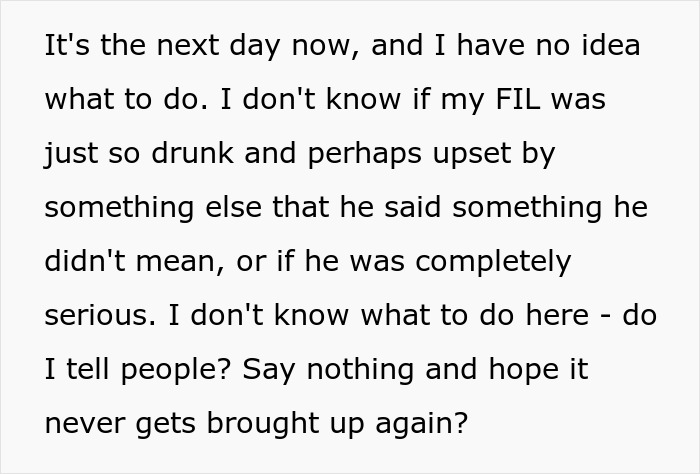 Woman shocked by FIL&rsquo;s unexpected love confession, feeling lost and unsure how to respond or keep it secret.