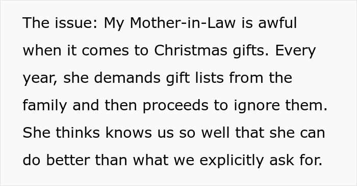Text discussing a mother-in-law turning Christmas into a weird competition by ignoring family gift lists.
