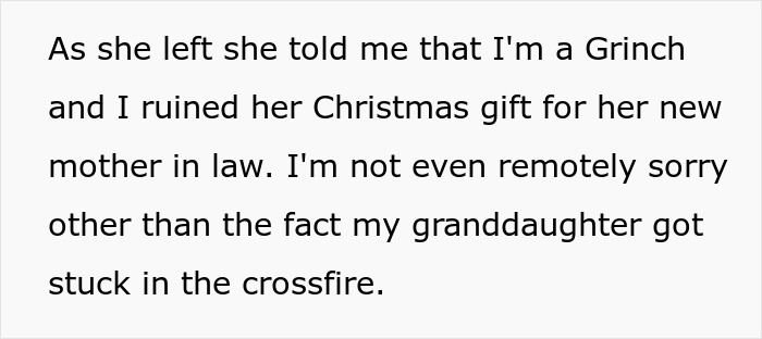 Text excerpt showing grandma’s savage holiday clapback after the entitled ex-daughter-in-law calls her a Grinch. Text excerpt showing grandma’s savage holiday clapback after the entitled ex-daughter-in-law calls her a Grinch.