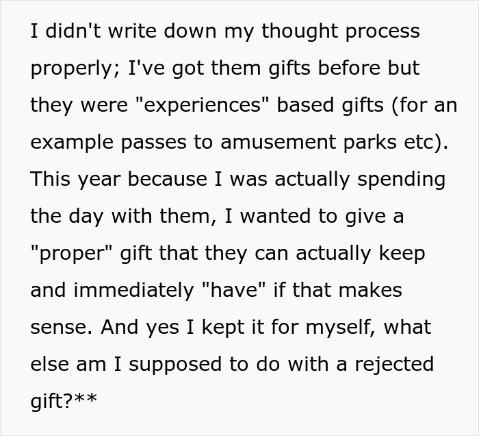 Text discussing experiences-based gifts and regrets over giving a proper gift amid 13YO hating dad's girlfriend situation.