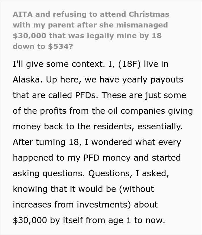 Teen wonders about missing $30k PFD payout, mom gives vague answers while online calls teen ungrateful.