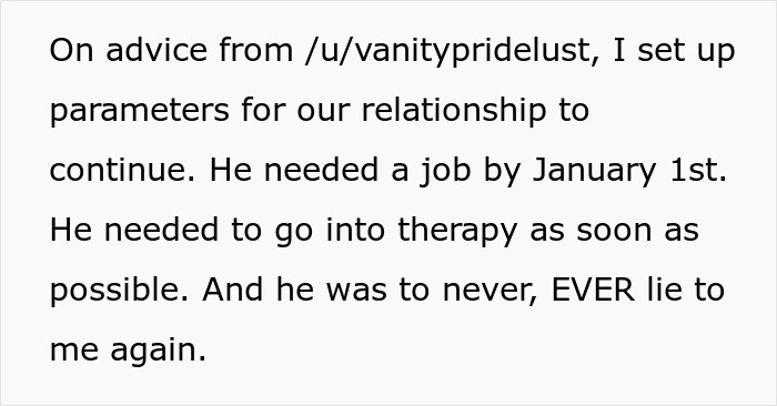 Text excerpt showing a woman setting parameters for their relationship after discovering lies from her boyfriend afraid of losing her.