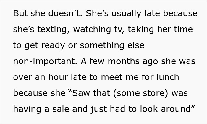 Text describing a lady’s unpunctual friend casually painting her nails before the event and arriving late alone. Text describing a lady’s unpunctual friend casually painting her nails before the event and arriving late alone.