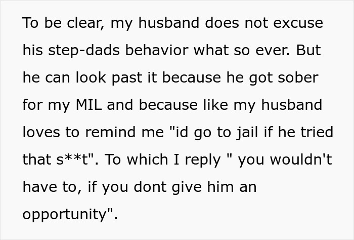 Text discussing a woman addressing her husband&rsquo;s step-dad&rsquo;s behavior and banning MIL&rsquo;s creepy husband from her home.