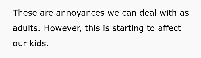 Text slide stating that annoyances can be dealt with as adults but are starting to affect kids, related to Grandma Christmas competition.