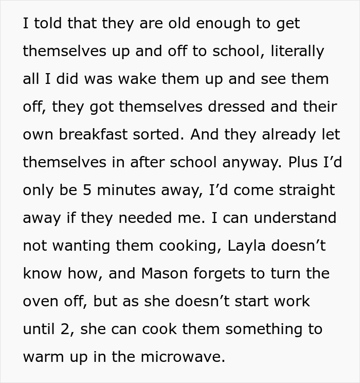 Text excerpt discussing family concerns and childcare challenges after 23-year-old moves out, affecting household dynamics.
