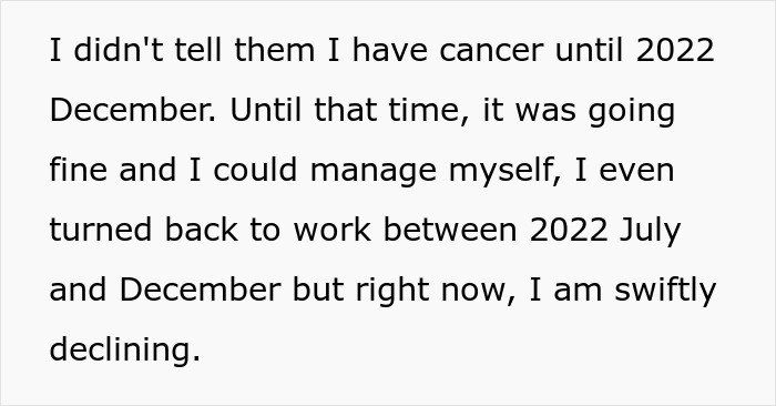 Text snippet discussing personal cancer diagnosis and declining health after telling family no funeral wished.