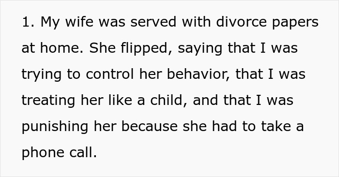Text highlighting a wife&rsquo;s negative reaction after being served divorce papers due to her phone dependence affecting family.