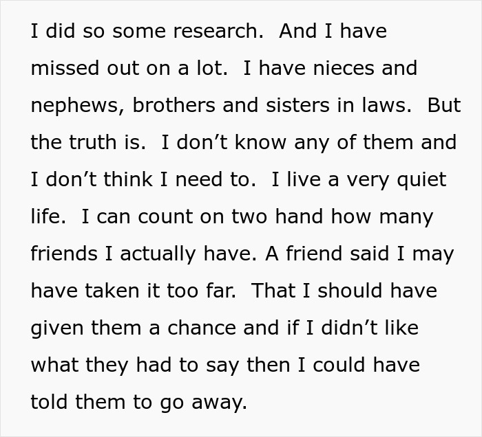 Text excerpt discussing family disownment and living a quiet life with few friends after disconnecting from relatives.
