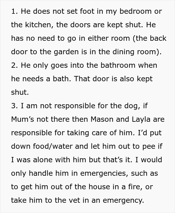 Text excerpt about family conflicts over childcare and responsibilities after 23-year-old moves out, showing family gangs up.