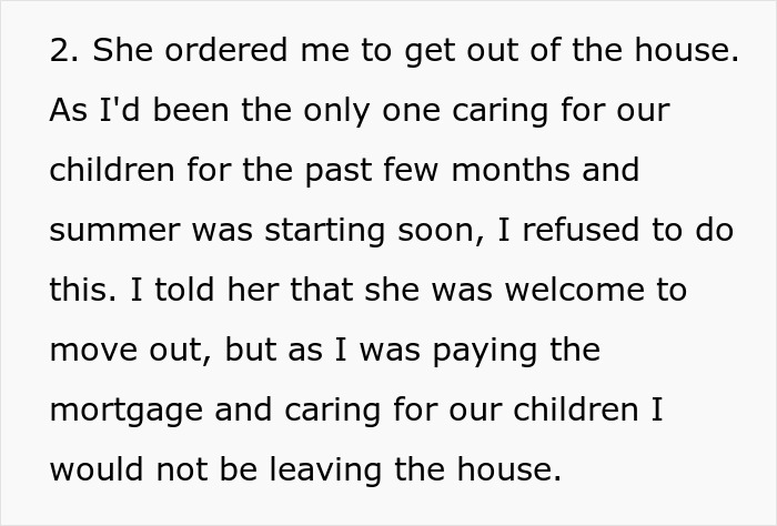 Text excerpt discussing a man refusing to leave the house amid family and mortgage responsibilities after a phone-related divorce conflict.