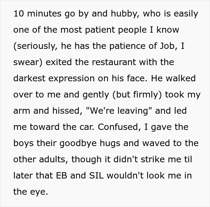 Text excerpt describing a husband&rsquo;s reaction at a restaurant, illustrating tension when brother makes bil pay dinner.