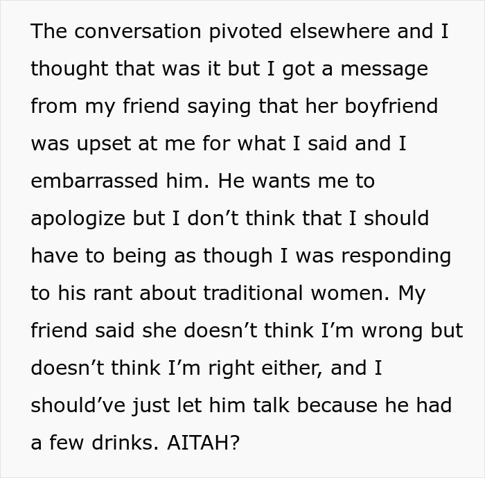 Text excerpt showing a toxic man venting about traditional wives and reacting defensively when his logic is challenged.