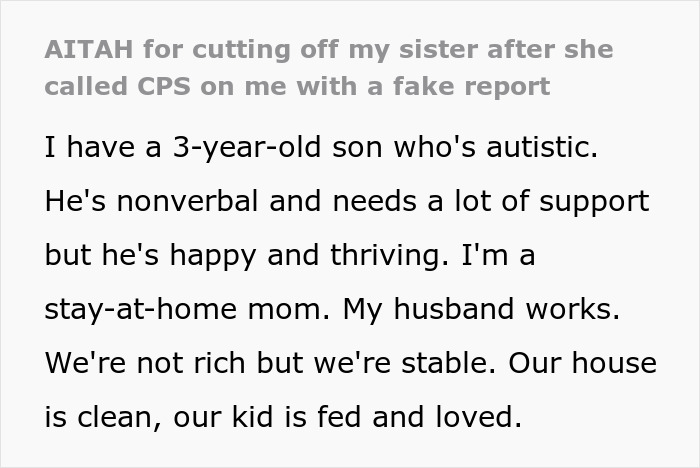 Text excerpt about a woman with an autistic son whose sister called CPS, causing conflict over empathy and support.