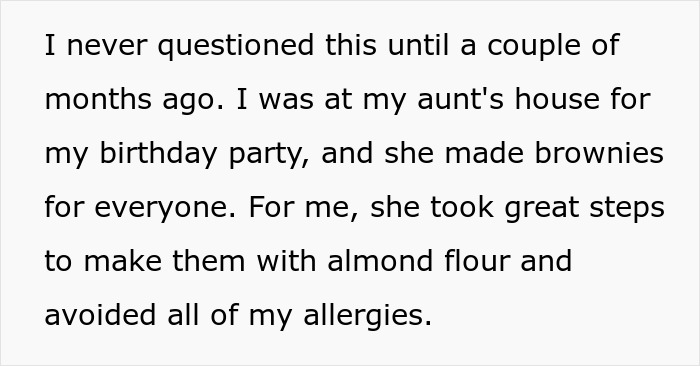 Text about a birthday party with brownies made using almond flour to avoid allergies, relating to parents lied about allergies.