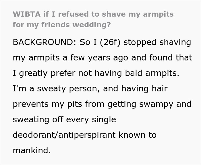 Woman explains why she stopped shaving armpits, causing discomfort for bride and groom at the wedding.