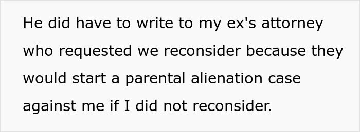 Text excerpt discussing a parental alienation case involving kids, custody, and relationship issues around a birthday.