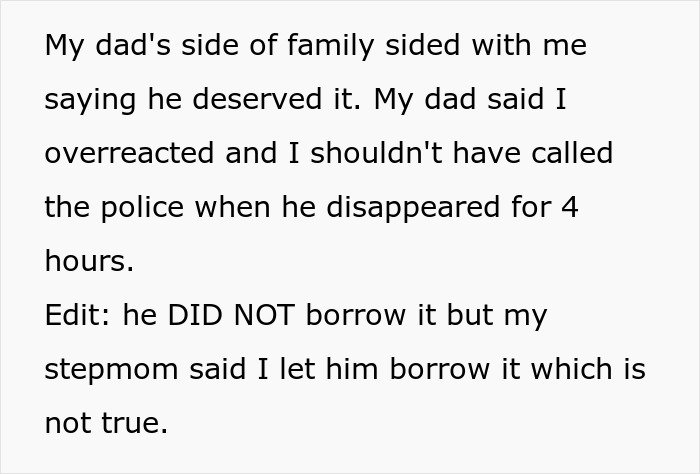 Text showing a family conflict over a half-brother arrested for stealing a car and family taking sides.