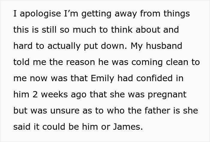 Text excerpt discussing a man unsure if affair partner's baby is his or his son's, highlighting paternity confusion.