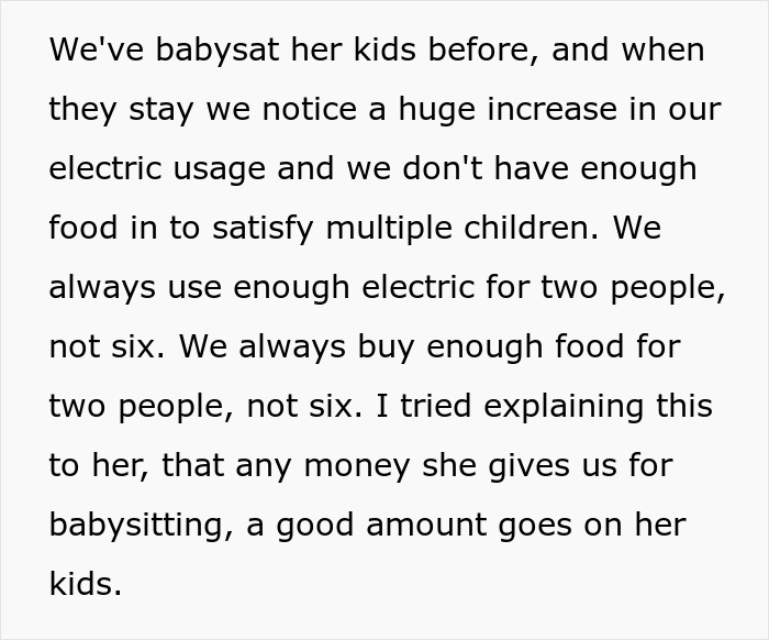 Text discussing babysitting costs and family issues about babysitting four kids and using the family card.