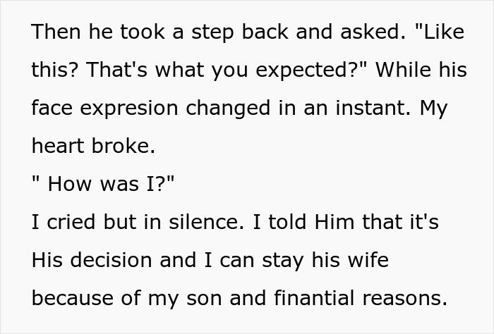 Text passage showing a woman sharing how her marriage fell apart within weeks after her husband ruined their wedding.