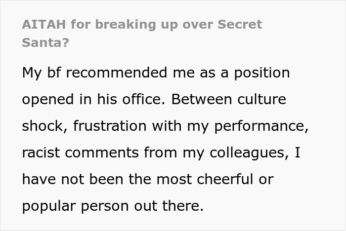 Screenshot of text post about Secret Santa, racist gift revelation and girlfriend horrified after boyfriend's idea.