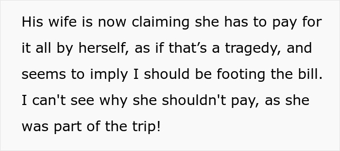 Screenshot of text about brother money wife family dispute over who should pay for a trip.