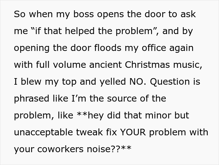 Alt text: Frustrated coworker yells as man refuses to stop blasting Christmas music in the office, causing tension and rage quitting. Alt text: Frustrated coworker yells as man refuses to stop blasting Christmas music in the office, causing tension and rage quitting.