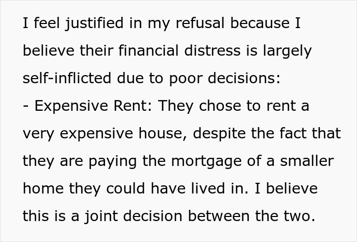 Screenshot of paragraph about brother money wife family, refusing financial help due to expensive rent and poor decisions.